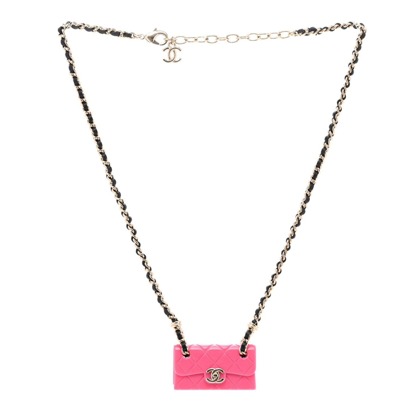Metal Resin Calfskin Quilted CC Turnlock Chain Bag Necklace Gold Pink