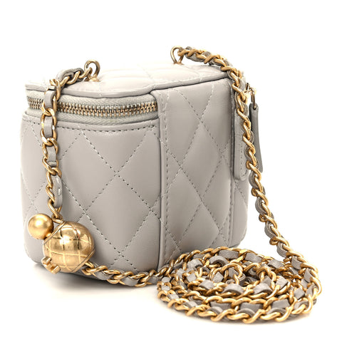 Lambskin Quilted Pearl Crush Mini Vanity Case With Chain Grey