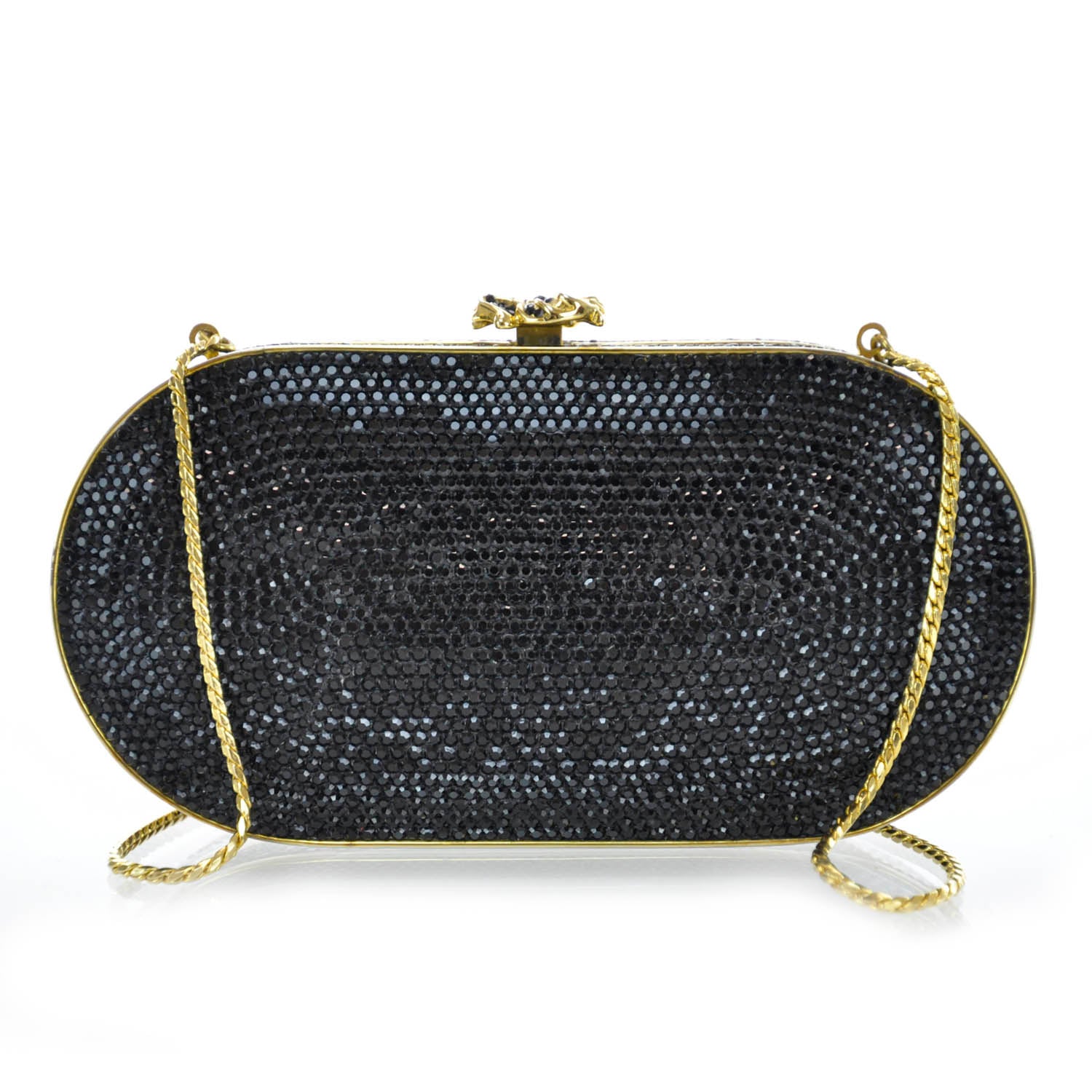 Judith Leiber Black Austrian Crystal Minaudiere Clutch 31148