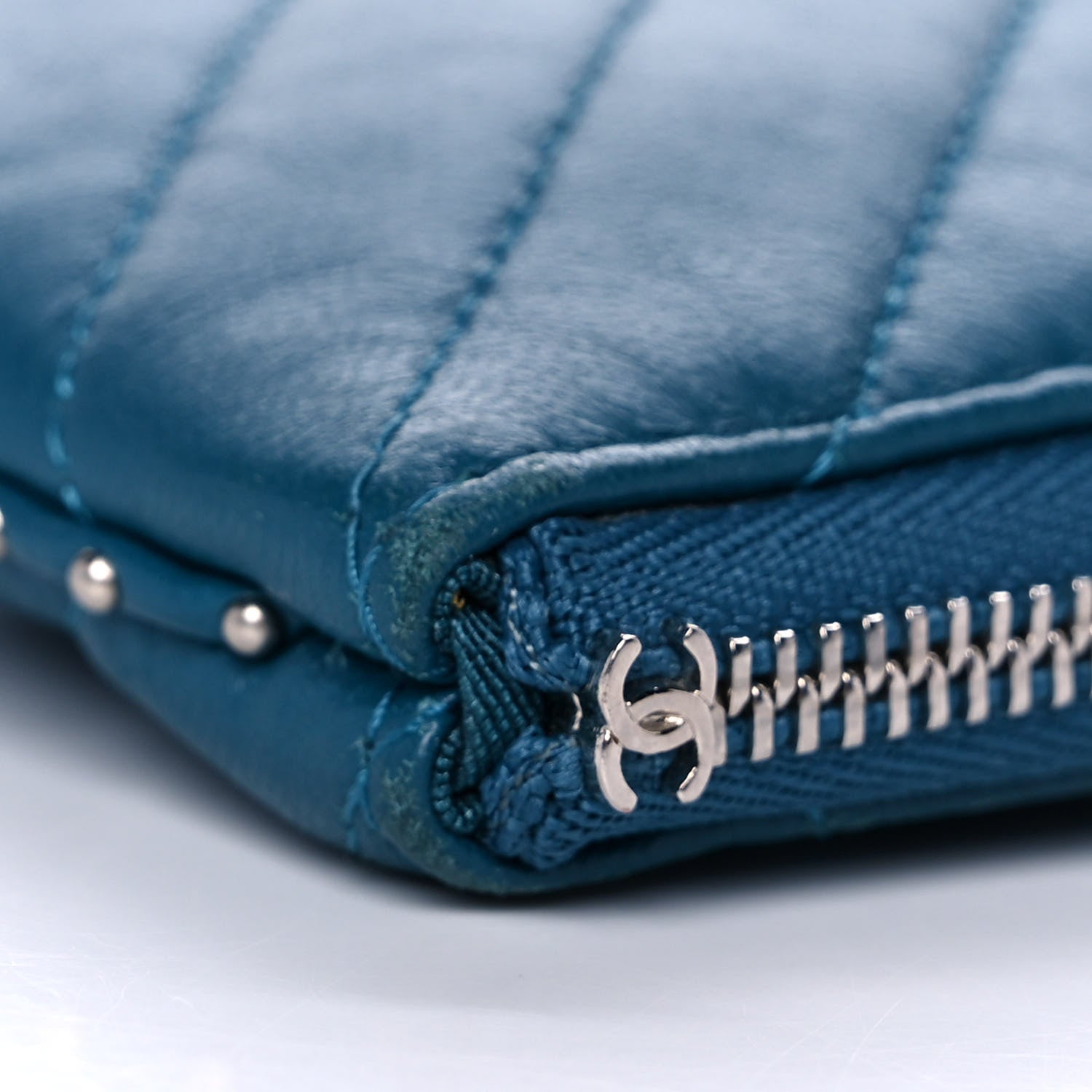 Chanel Lambskin Chevron Quilted Studded Small Cosmetic Case Blue 8 of 14