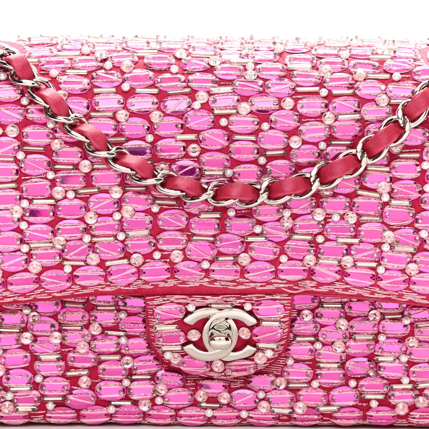 Satin Pearl Beaded Medium Flap Pink
