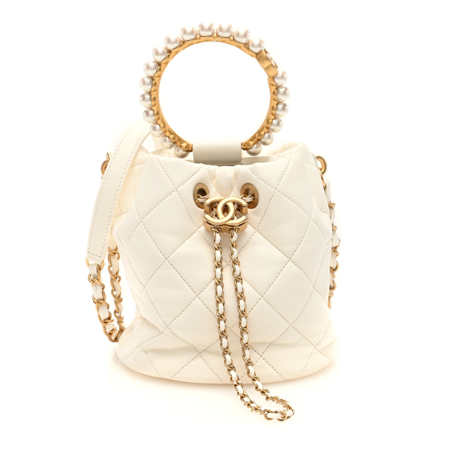 Chanel Lambskin Quilted Pearl Crown Drawstring Bag White 1641946
