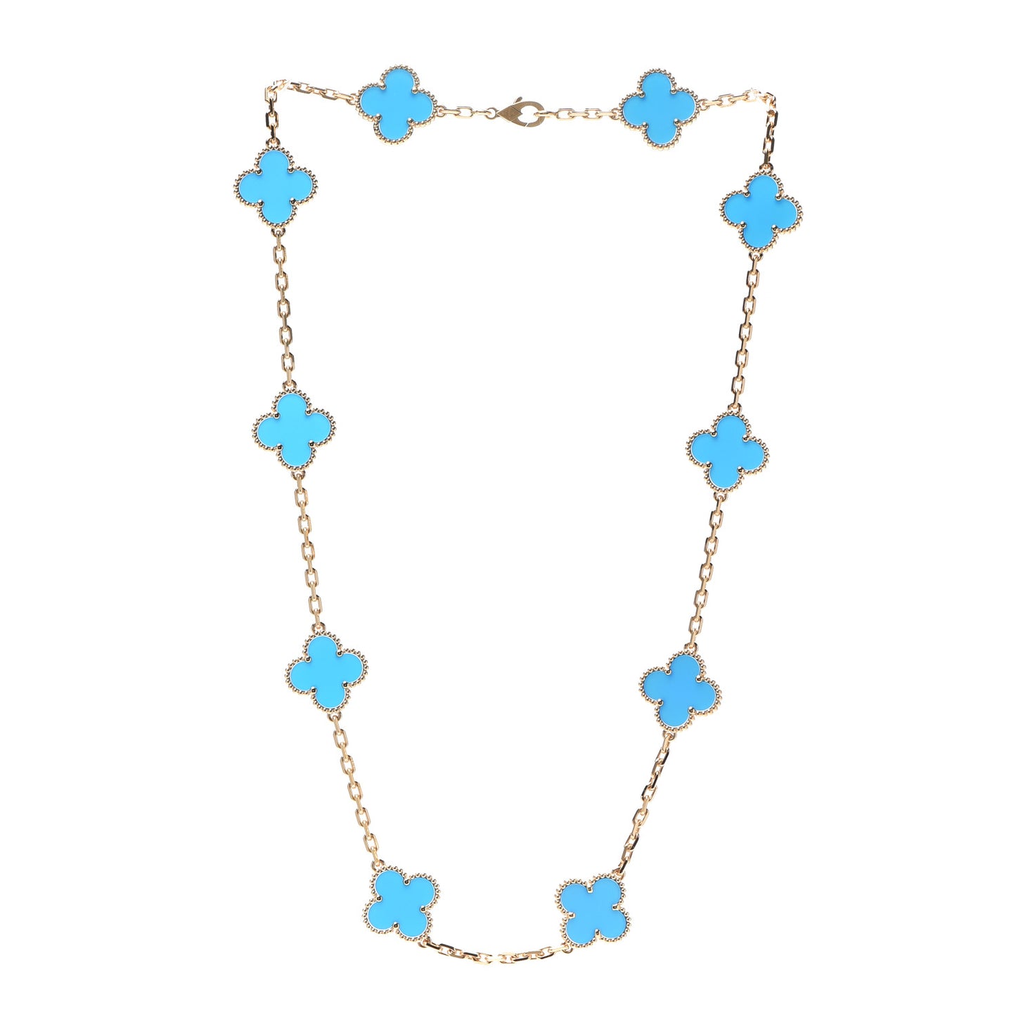 18K Yellow Gold Blue Agate 10 Motifs Vintage Alhambra Necklace