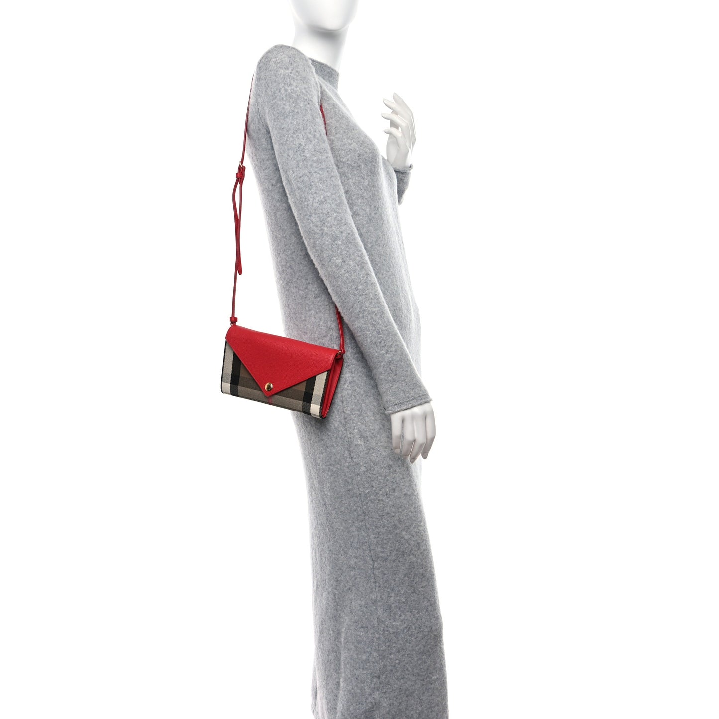 Calfskin House Check Hannah Wallet with Detachable Strap Bright Red