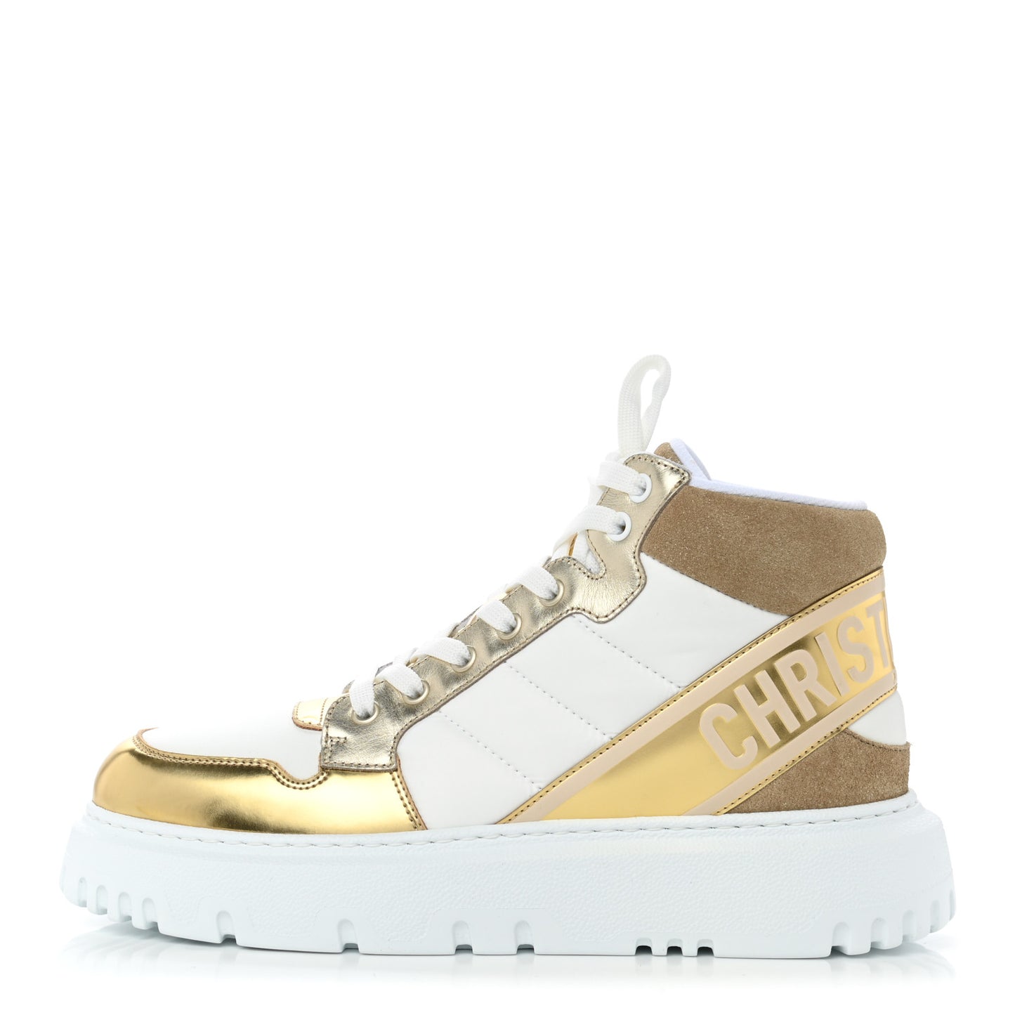 Nylon Laminated Calfskin Womens D-Player High Top Sneakers 39.5 White Gold