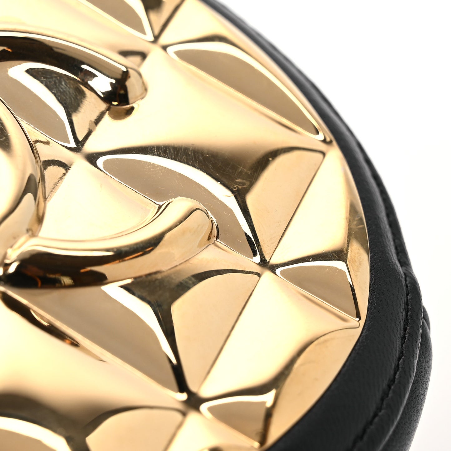 Lambskin Quilted Golden Plate Round Clutch With Chain Black