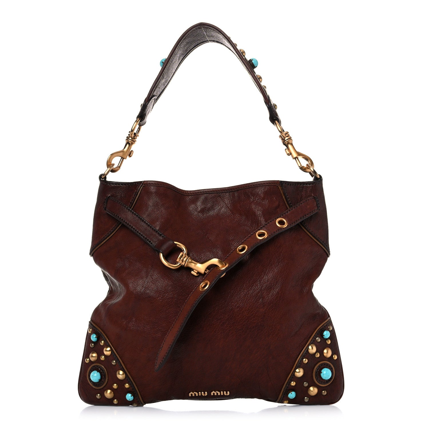 Miu Miu Buffalo Leather Studded Hobo Brown 1038882 – FASHIONPHILE