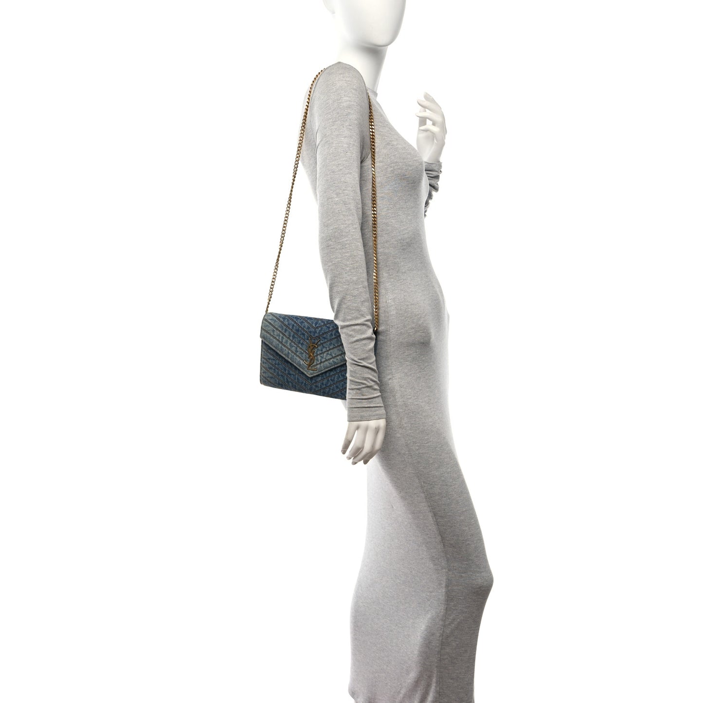 Denim Matelasse Chevron Monogram Chain Wallet Blue Jeans