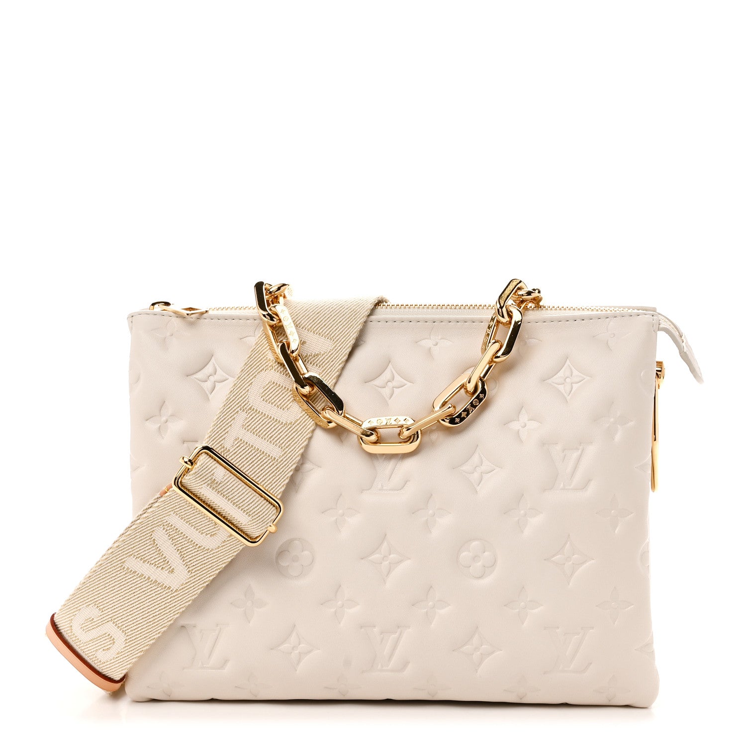 Louis Vuitton エンボス クッション クリーム色 Louis Vuitton Lambskin Embossed Monogram Coussin PM Beige Cream