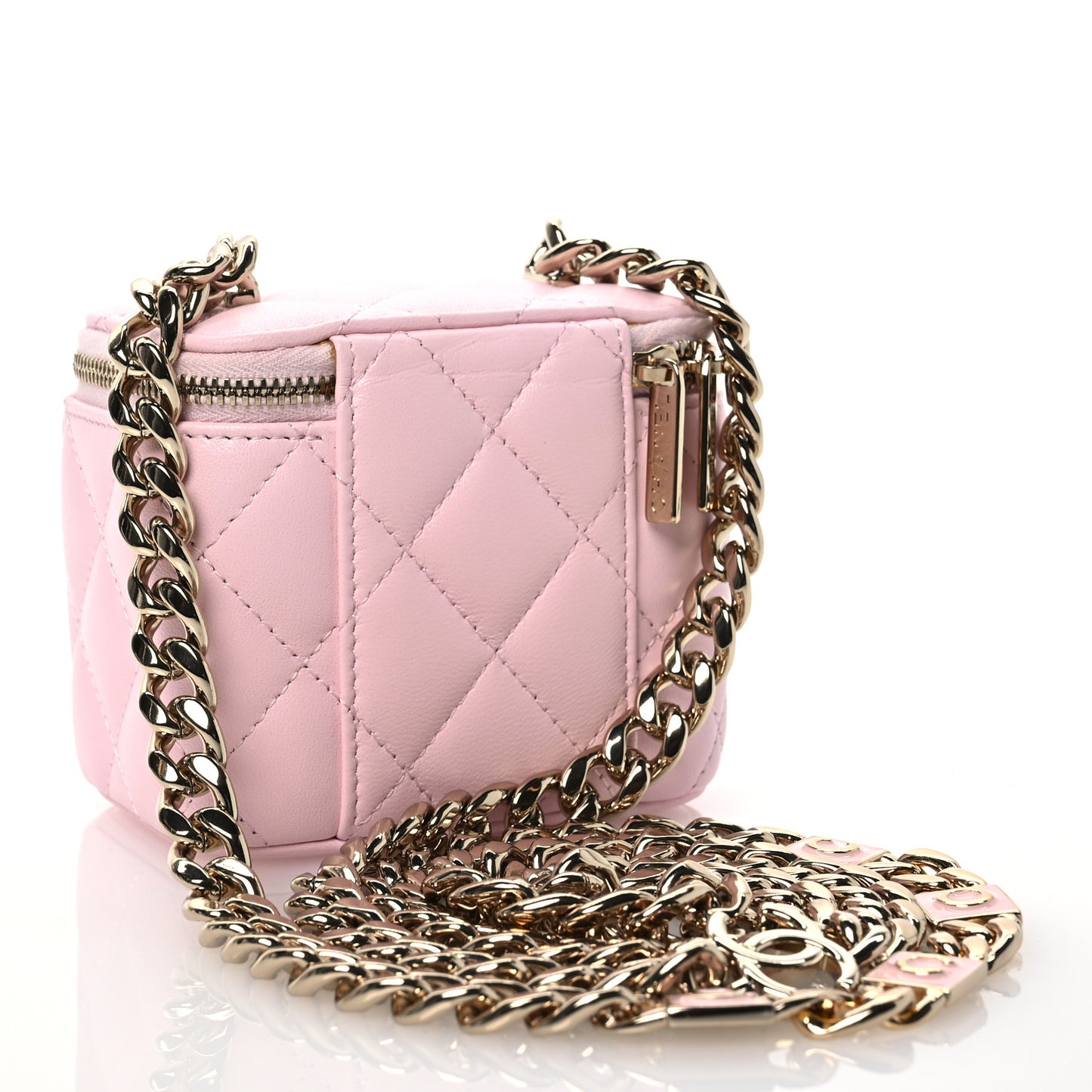 Lambskin Quilted Enamel Coco Mini Vanity Case With Chain Pink