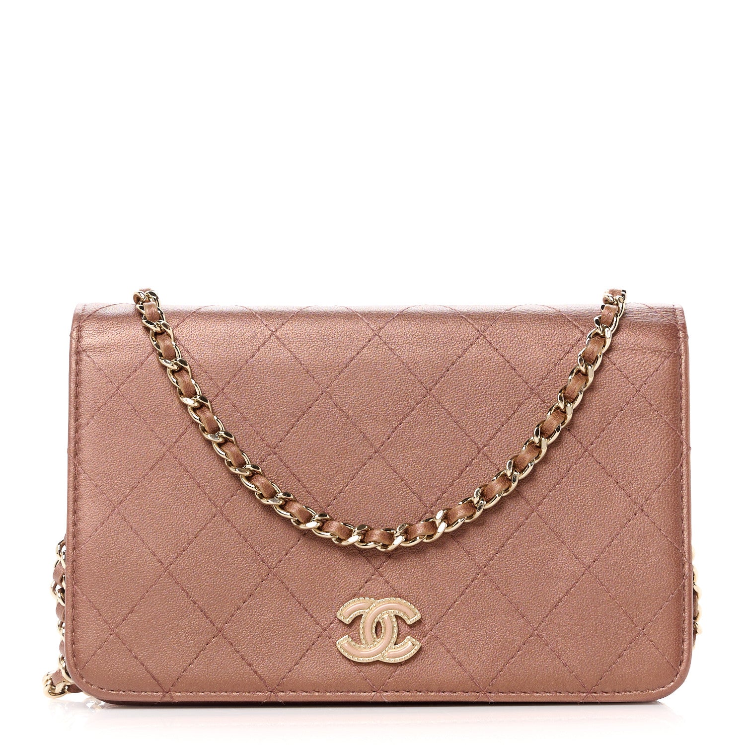 Chanel Metallic Lambskin Quilted Enamel CC Wallet On Chain WOC Bronze 1 of 11
