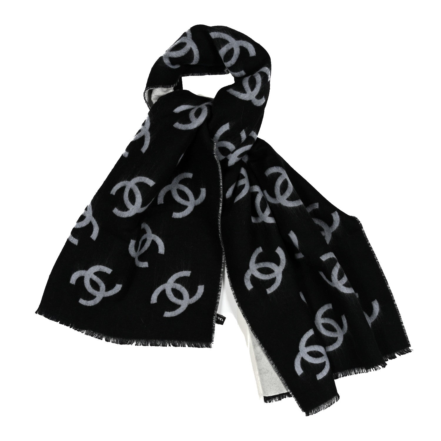 Chanel Cashmere Silk Wool CC Stole Black Light Gray White 1801128