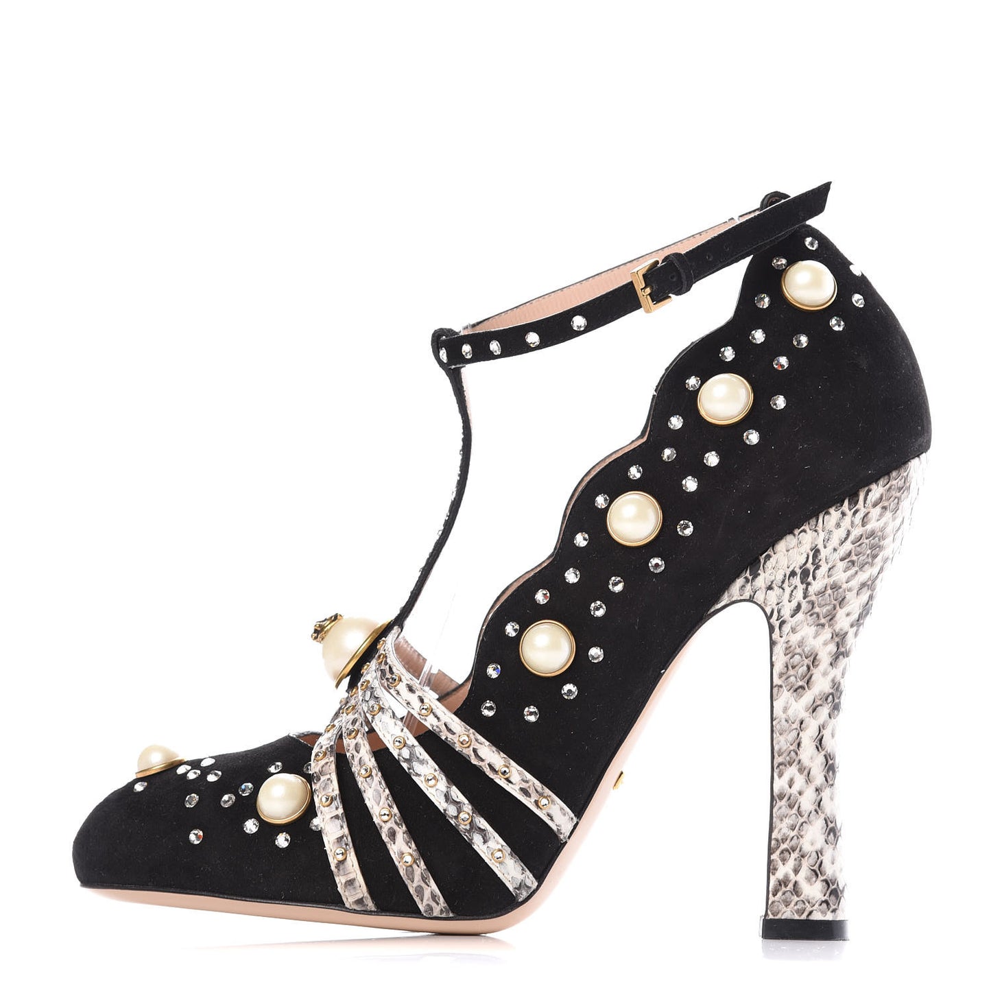 Suede Snakeskin Pearl Studded Ofelia Pumps 40.5 Black