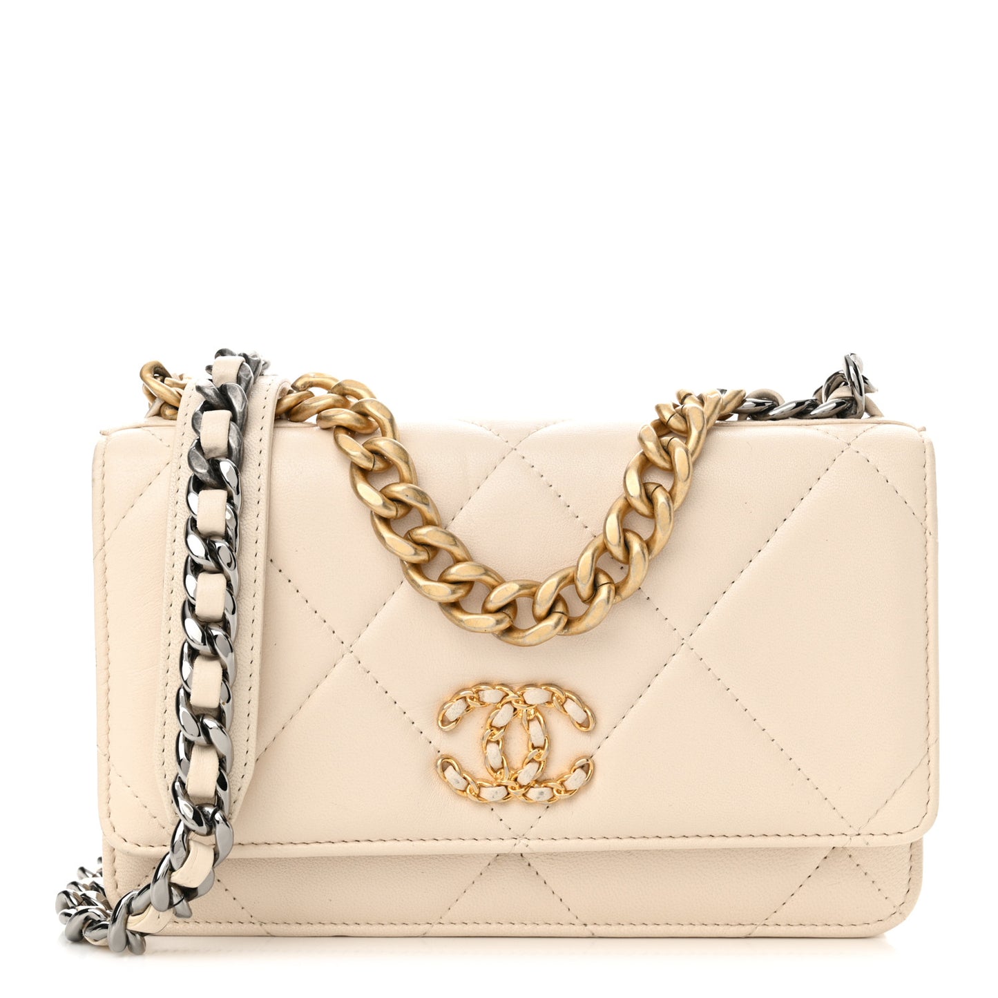 Lambskin Quilted Chanel 19 Wallet On Chain WOC Light Beige