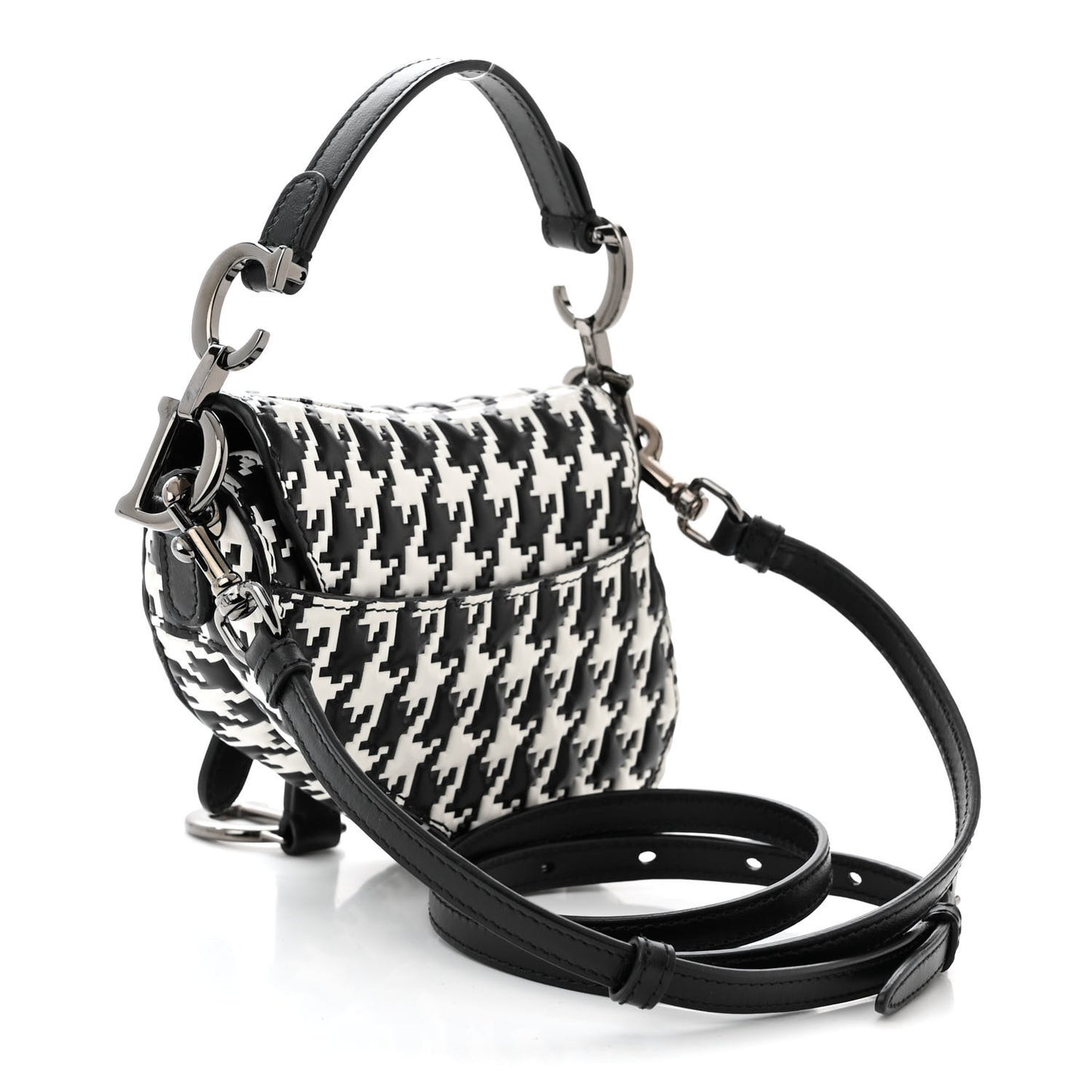 Calfskin Macro Houndstooth Embossed Micro Saddle Bag Black White