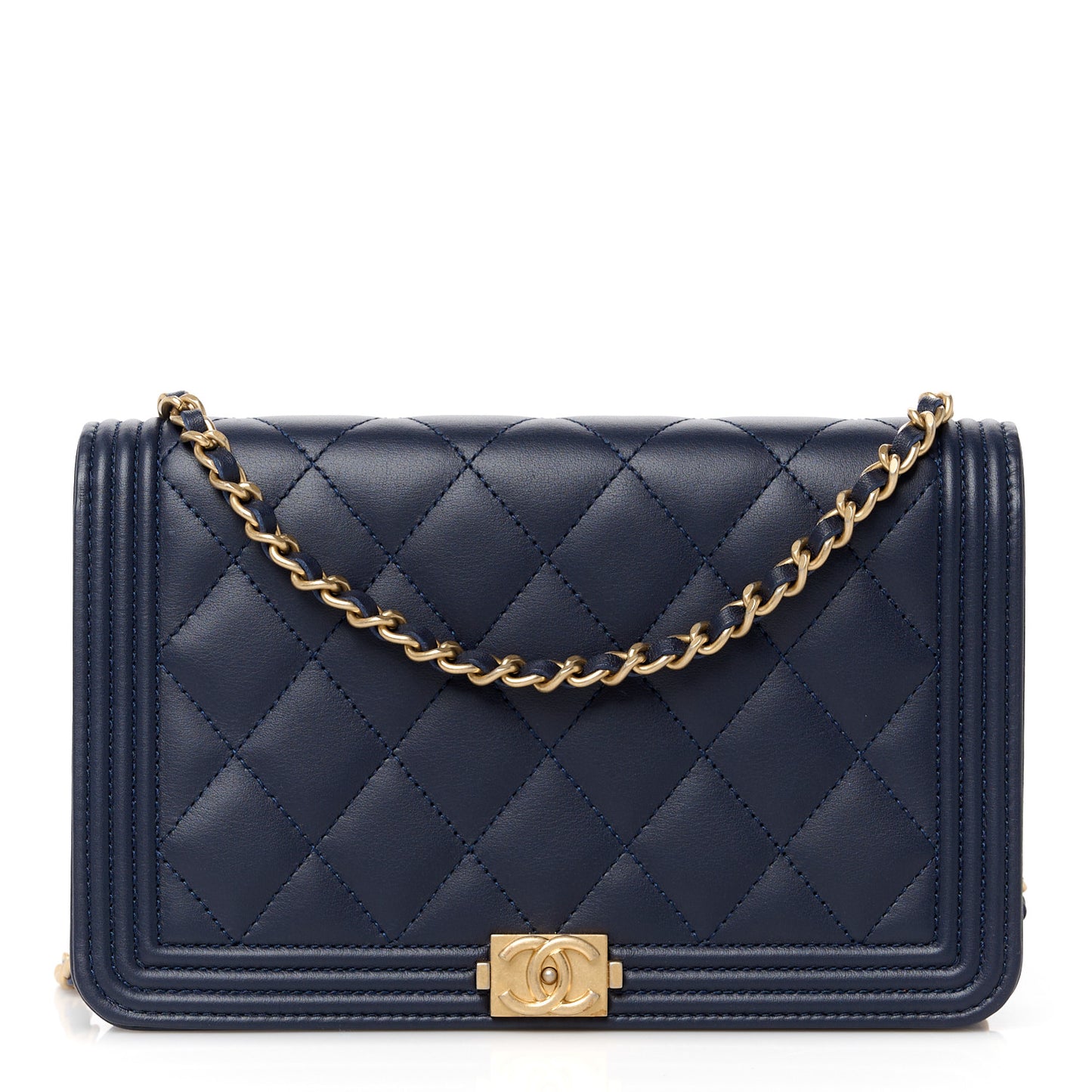 Lambskin Quilted Boy Wallet On Chain WOC Navy