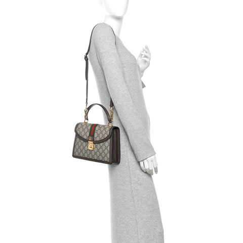 GG Supreme Monogram Textured Dollar Calfskin Web Small Ophidia Padlock Top Handle Bag Beige Ebony New Acero