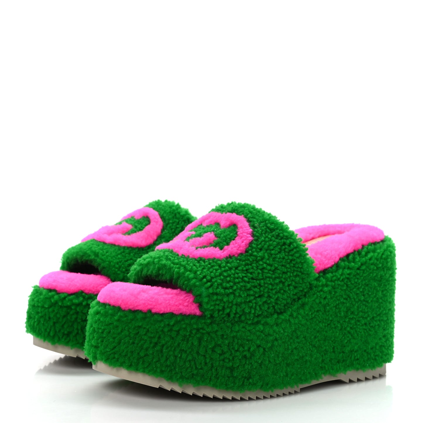 Shearling Interlocking G Womens Elea Platform Slide Wedge Sandals 37 Green Fluo Fuxia Fluo