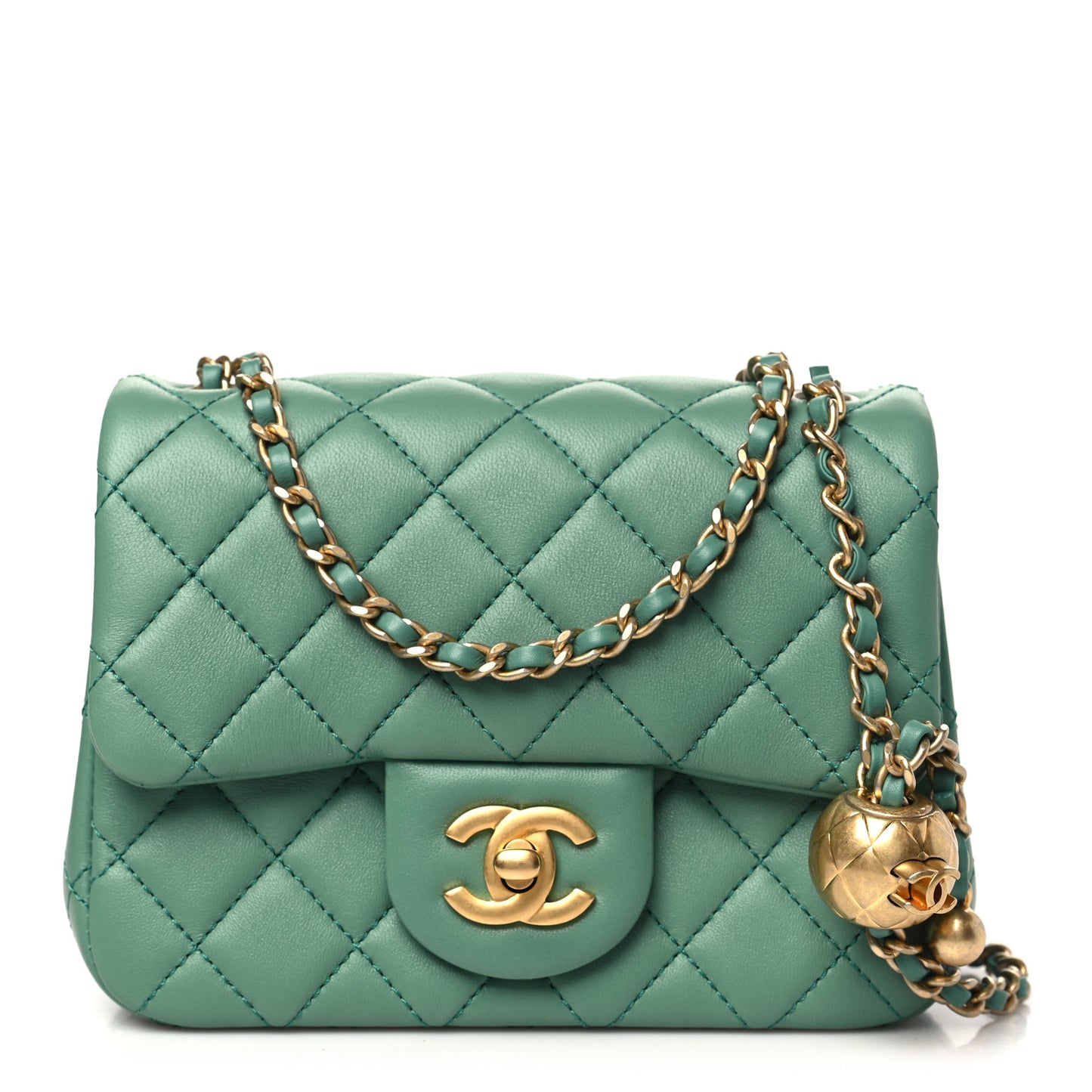 Lambskin Quilted Mini Pearl Crush Flap Green