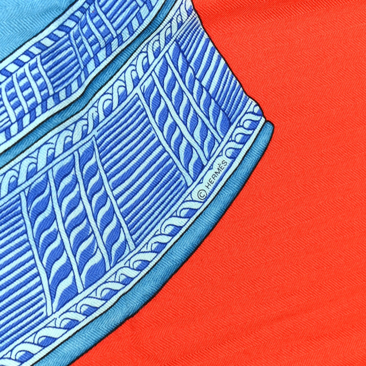 Hermes Cashmere Silk Selle D'Officier Shawl 140 Orange Bleu Corail 4 of 5