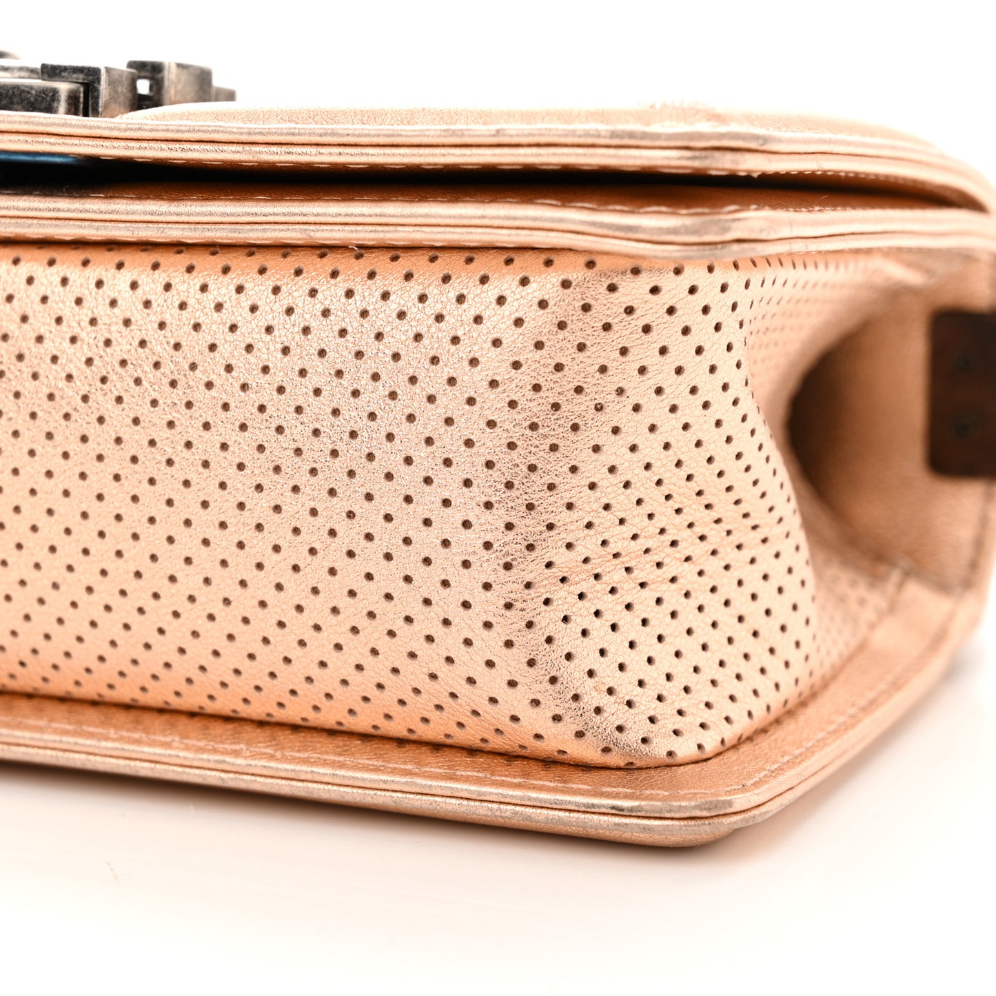 Metallic Calfskin Perforated Small Boy Flap Gold
