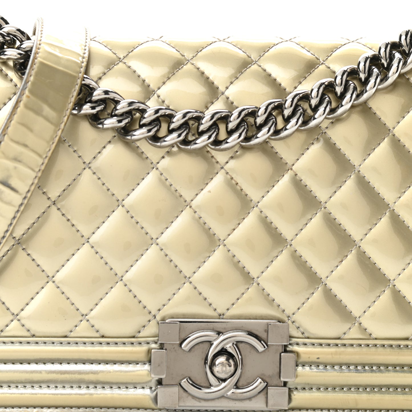 Metallic Patent Calfskin Quilted Medium Boy Flap Silver