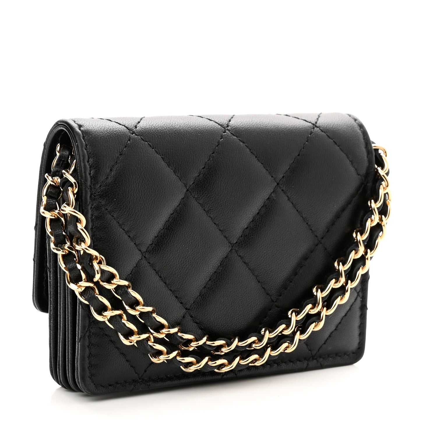 Lambskin Quilted Flap Card Holder With Cuff Black