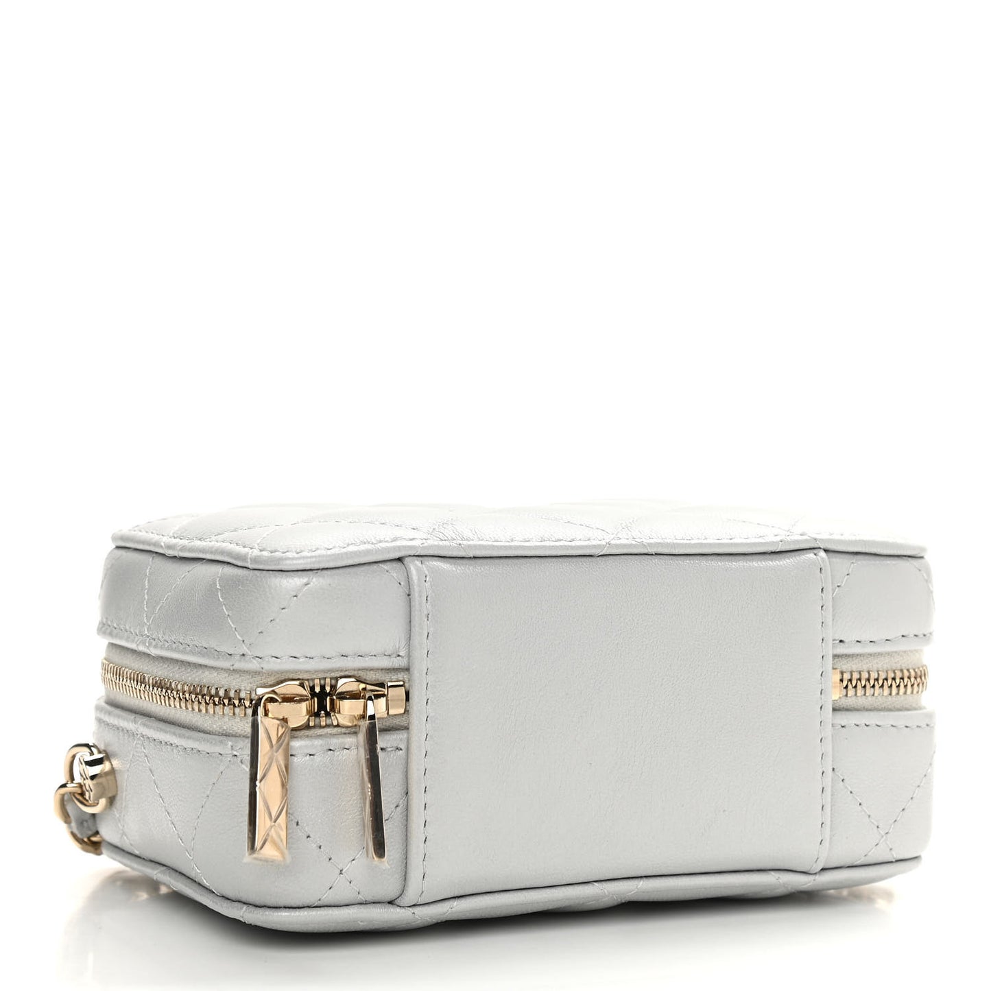 Metallic Lambskin Quilted Top Handle Vanity Case Silver