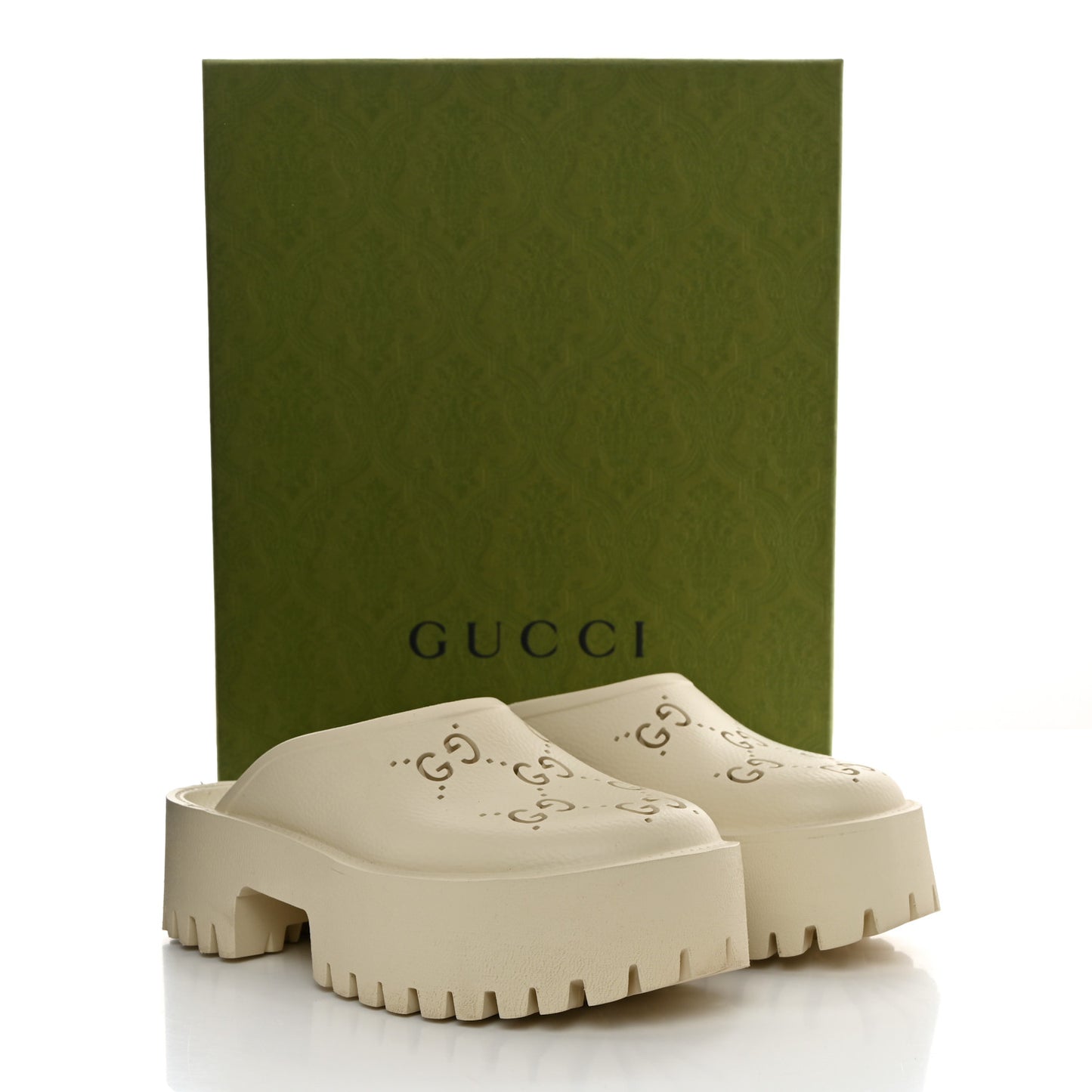 Rubber GG Monogram Perforated Elea Platform 55mm Lug Sole Sandals 37 Mystic White