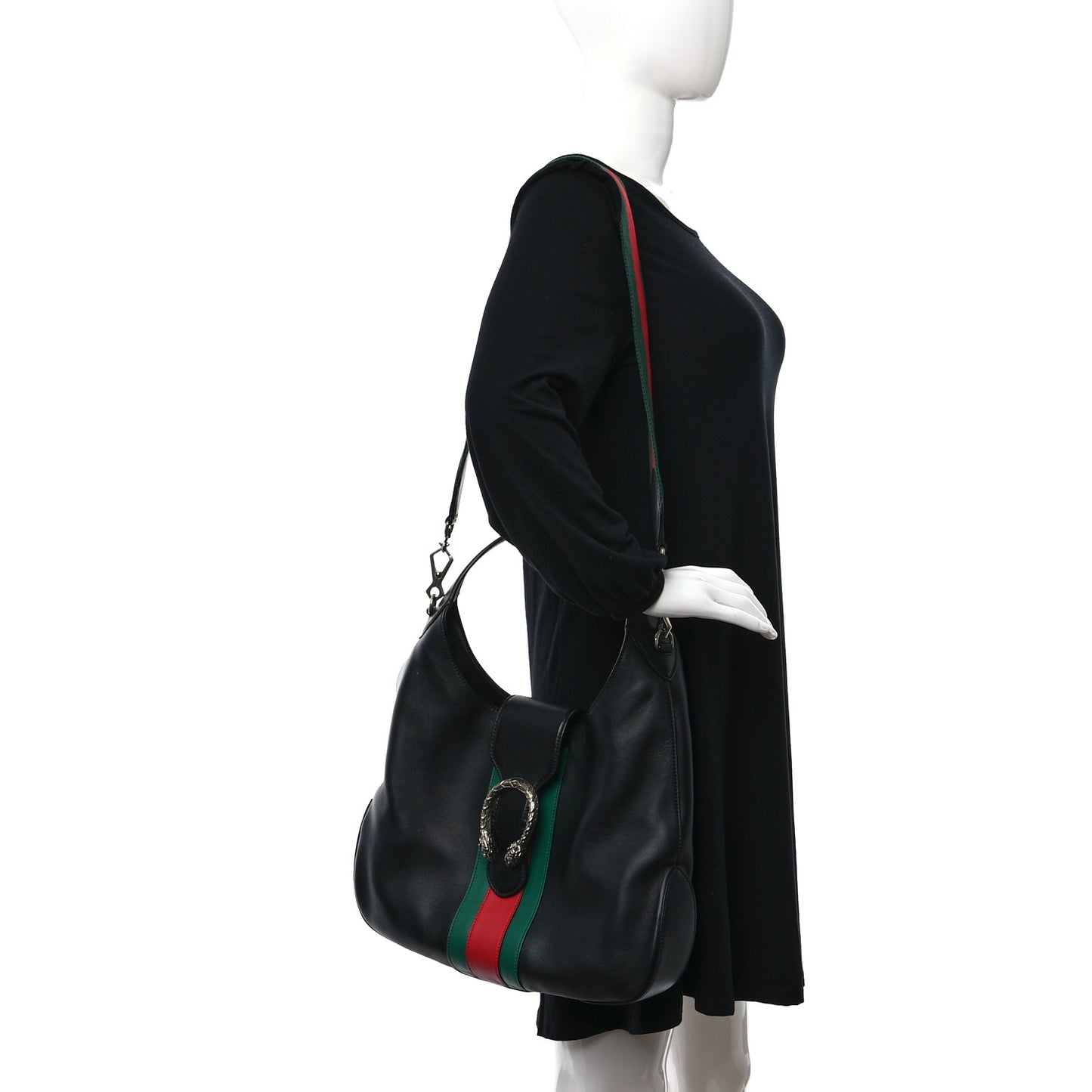 Calfskin Web Stripe Medium Dionysus Hobo Black