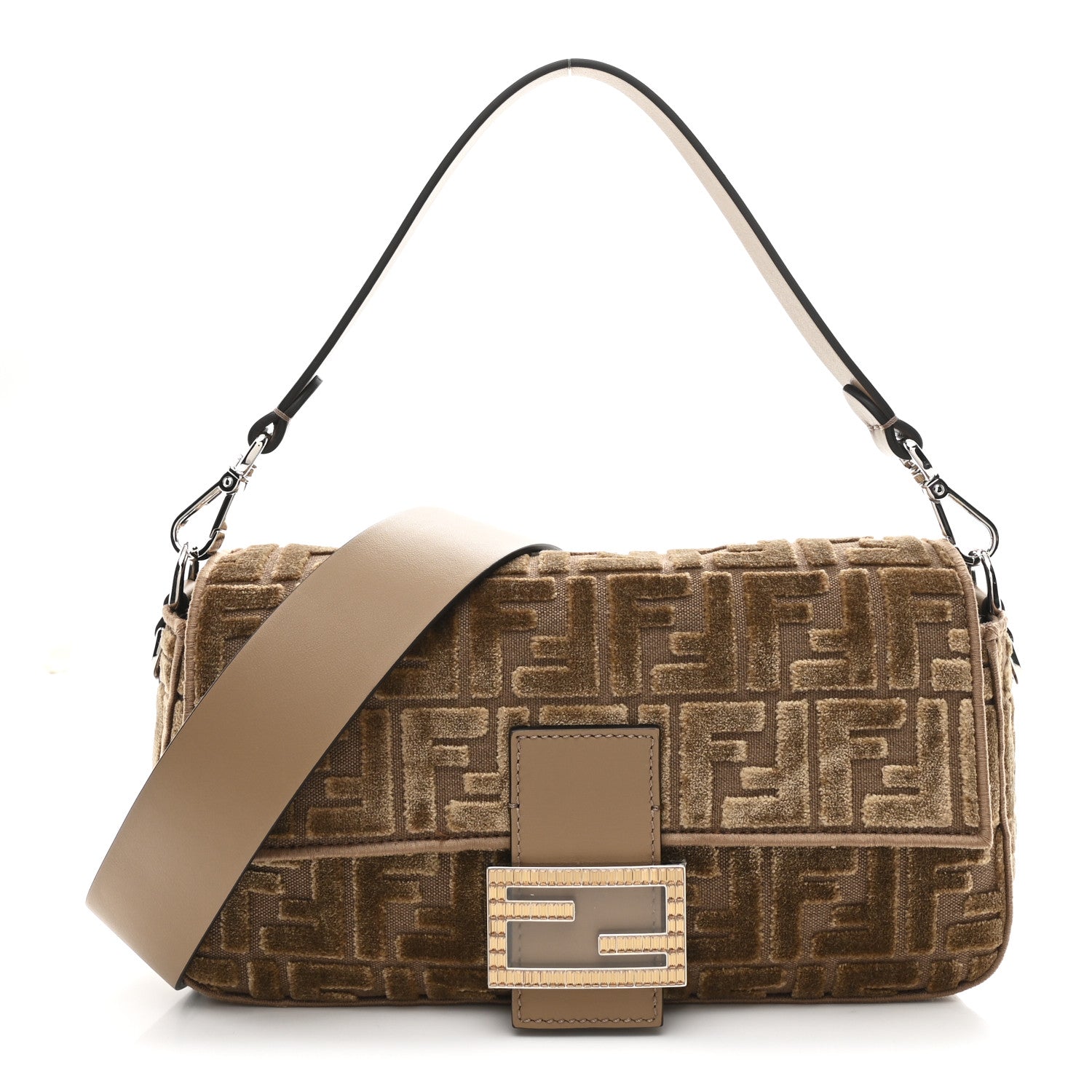 サンエスティバン　844891 Fendi Velvet Jacquard Crystal FF Baguette Cappuccino 1826269