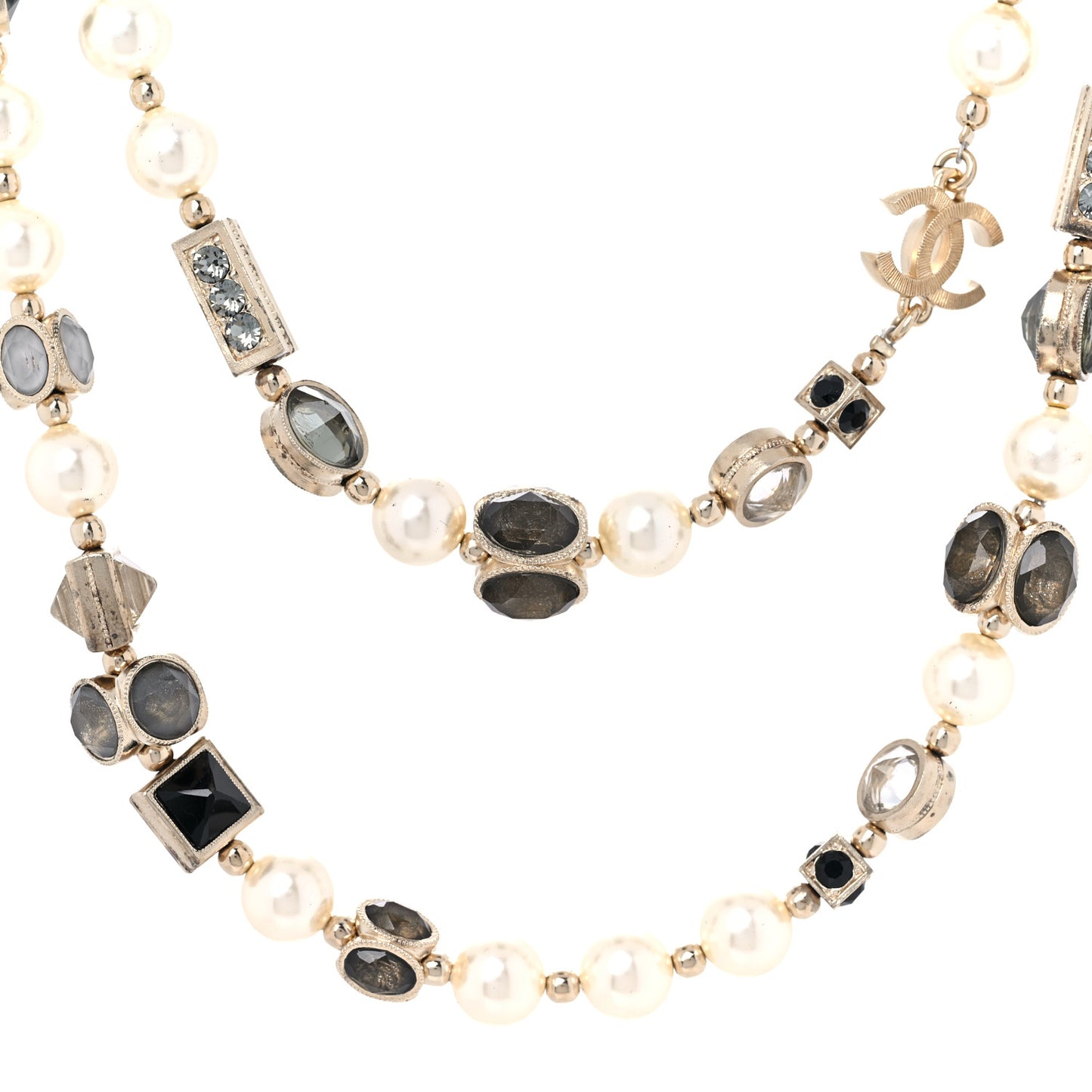 Pearl Gripoix Baguette Crystal CC Long Strand Necklace Gold