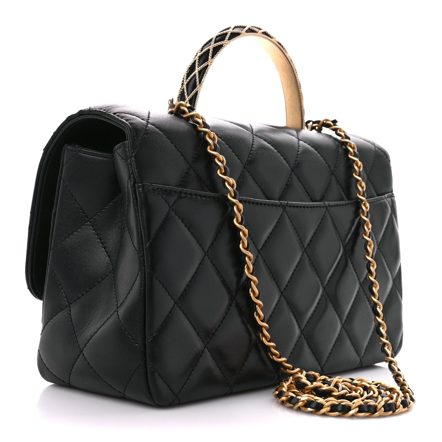 Lambskin Metal Quilted Twist Top Handle Flap With Chain Black