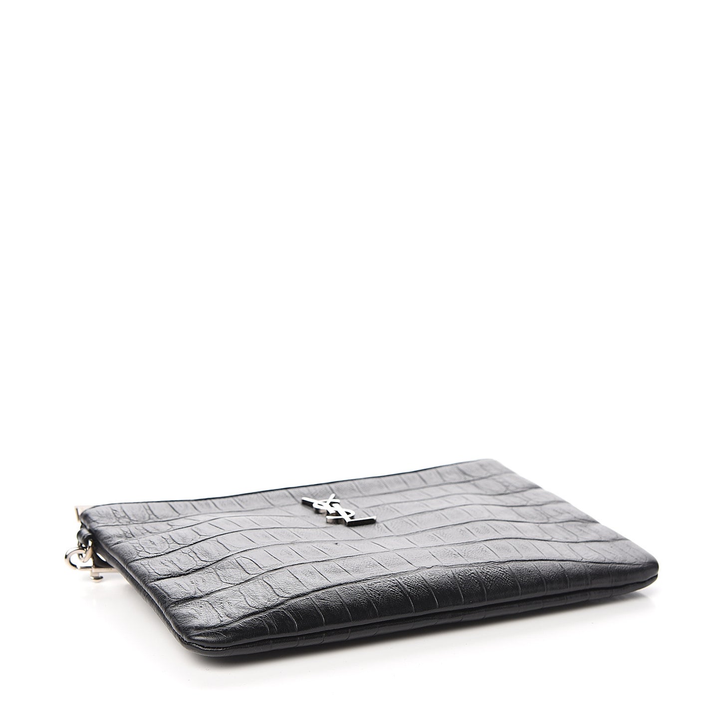 Calfskin Crocodile Embossed Monogram Zip Pouch Black