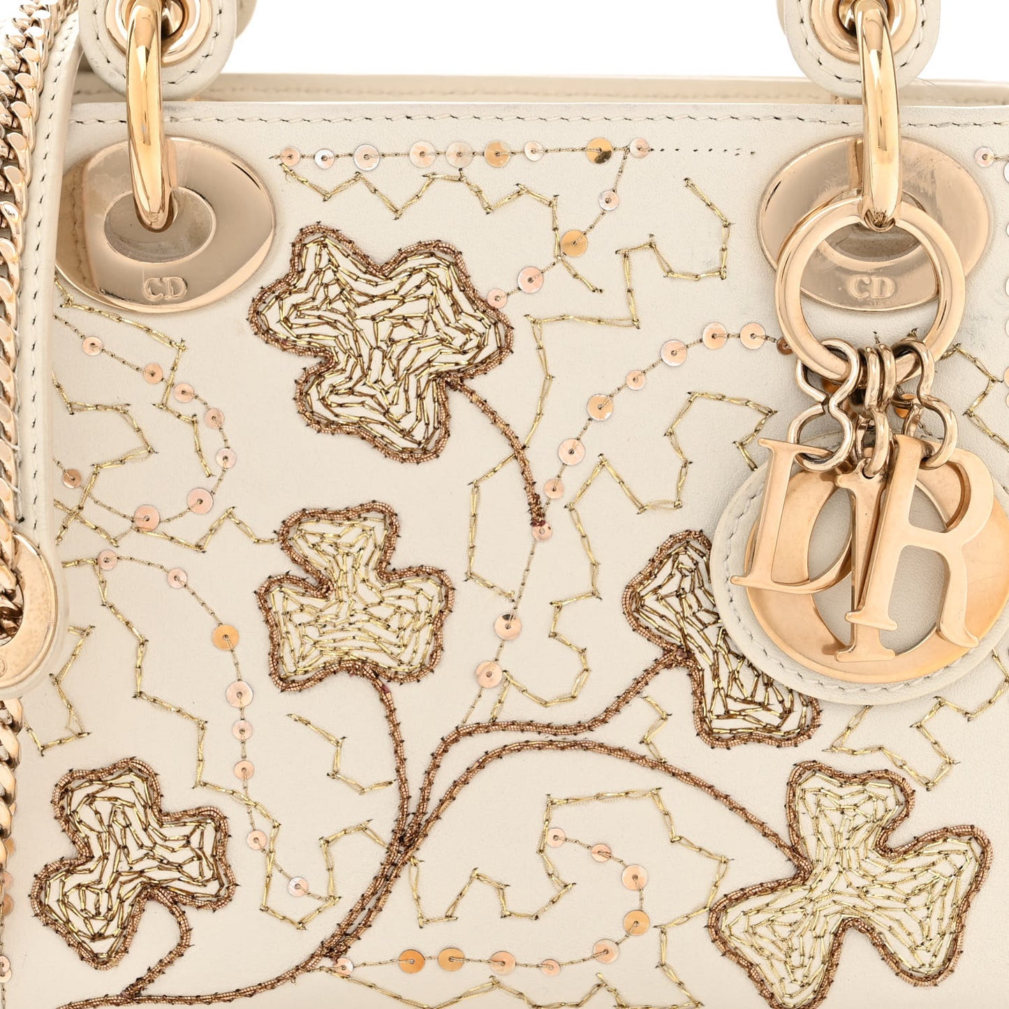Smooth Calfskin Sequin Embroidered Clover Mini Lady Dior White