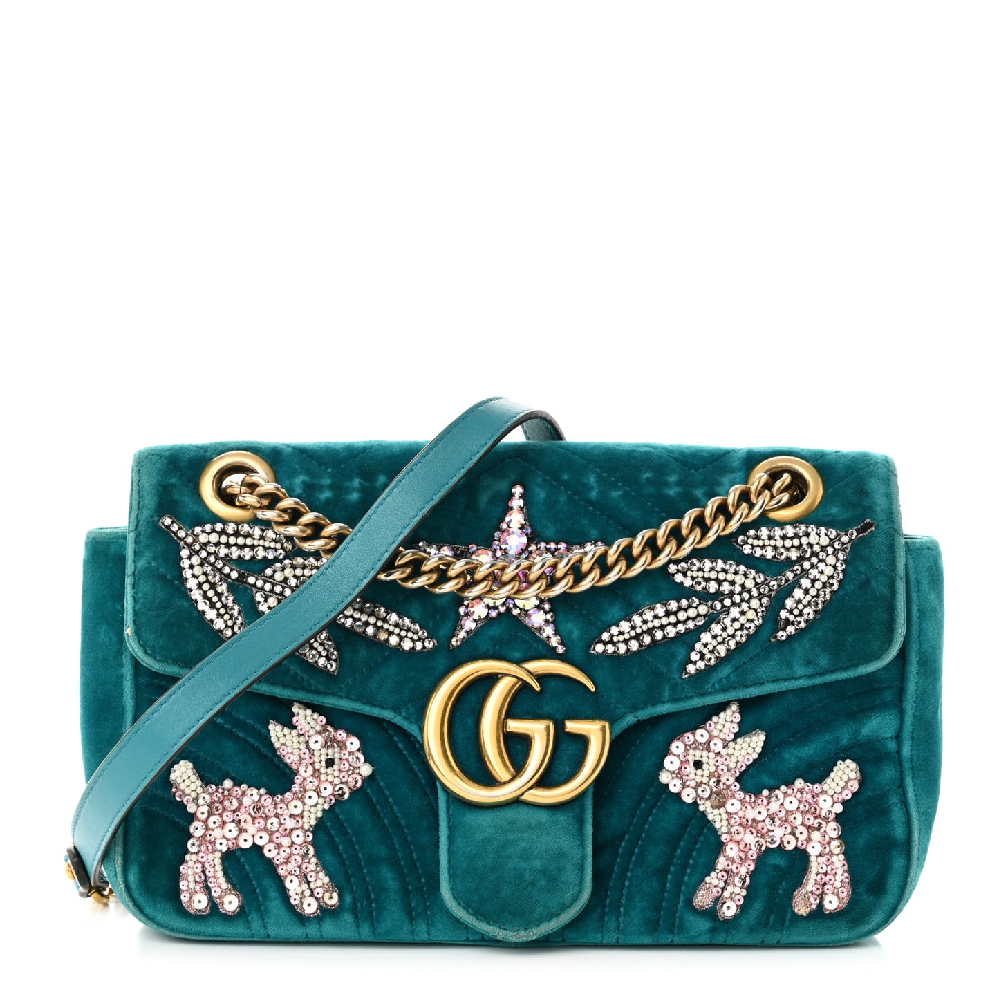 Velvet Matelasse Embroidered Small GG Marmont Shoulder Bag Pavone Cyan