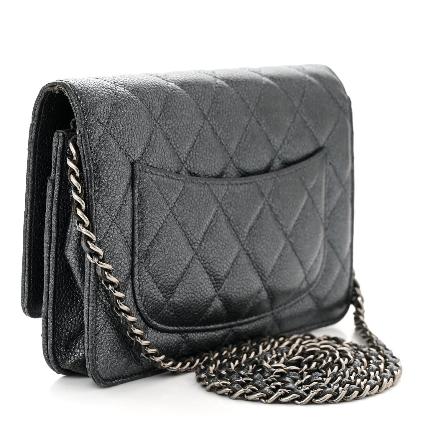 Pearly Caviar Quilted Wallet On Chain WOC Grey
