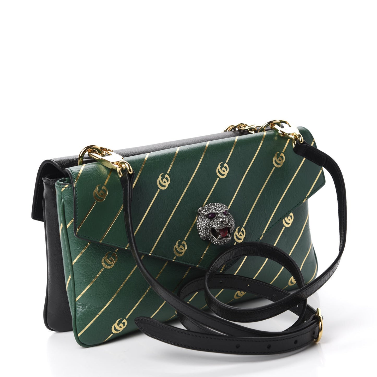 Calfskin Diagonal GG Medium Thiara Double Envelope Shoulder Bag Emerald Green Black
