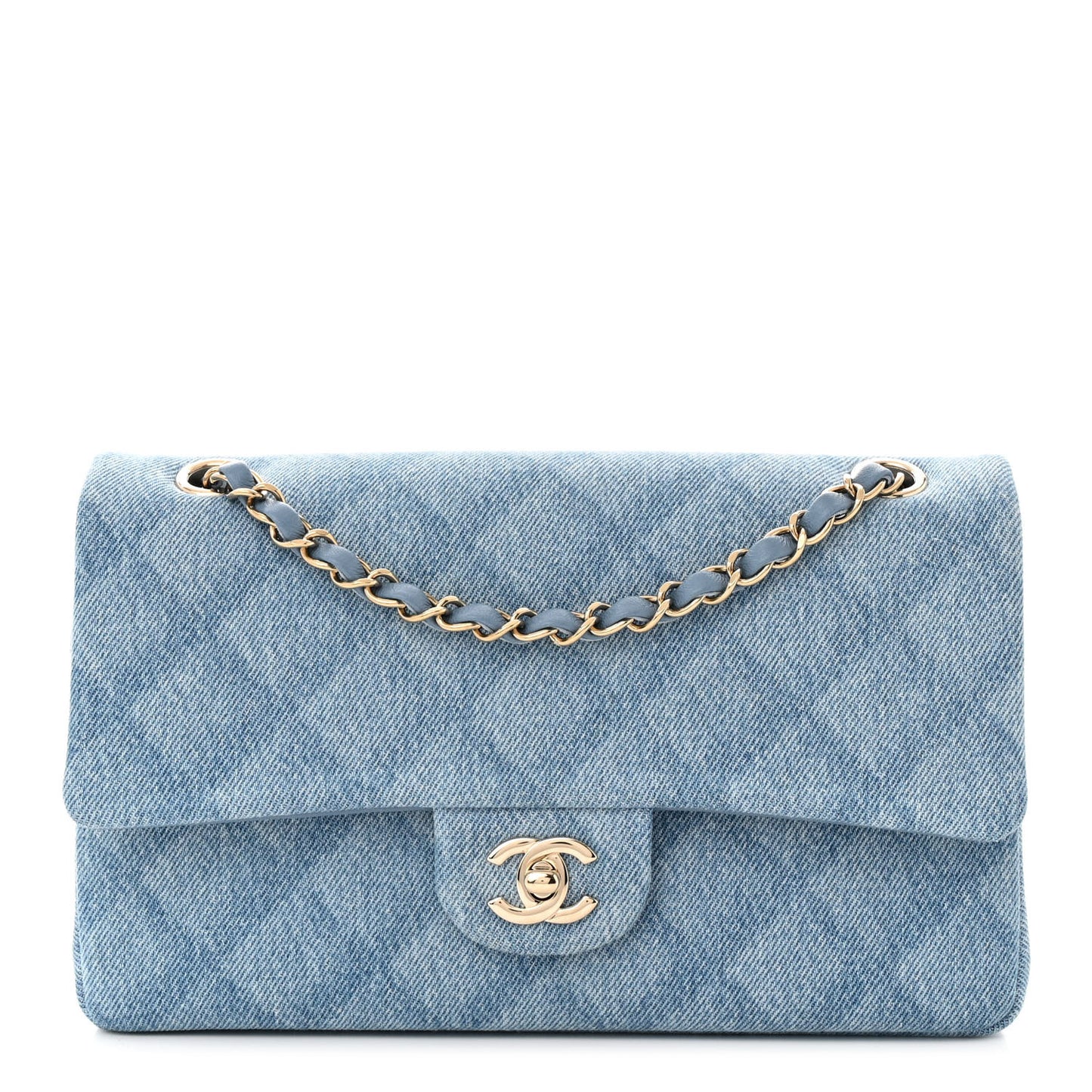 Printed Denim Quilted Medium Double Flap Light Blue