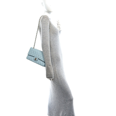 Caviar Quilted Medium Double Flap Light Blue