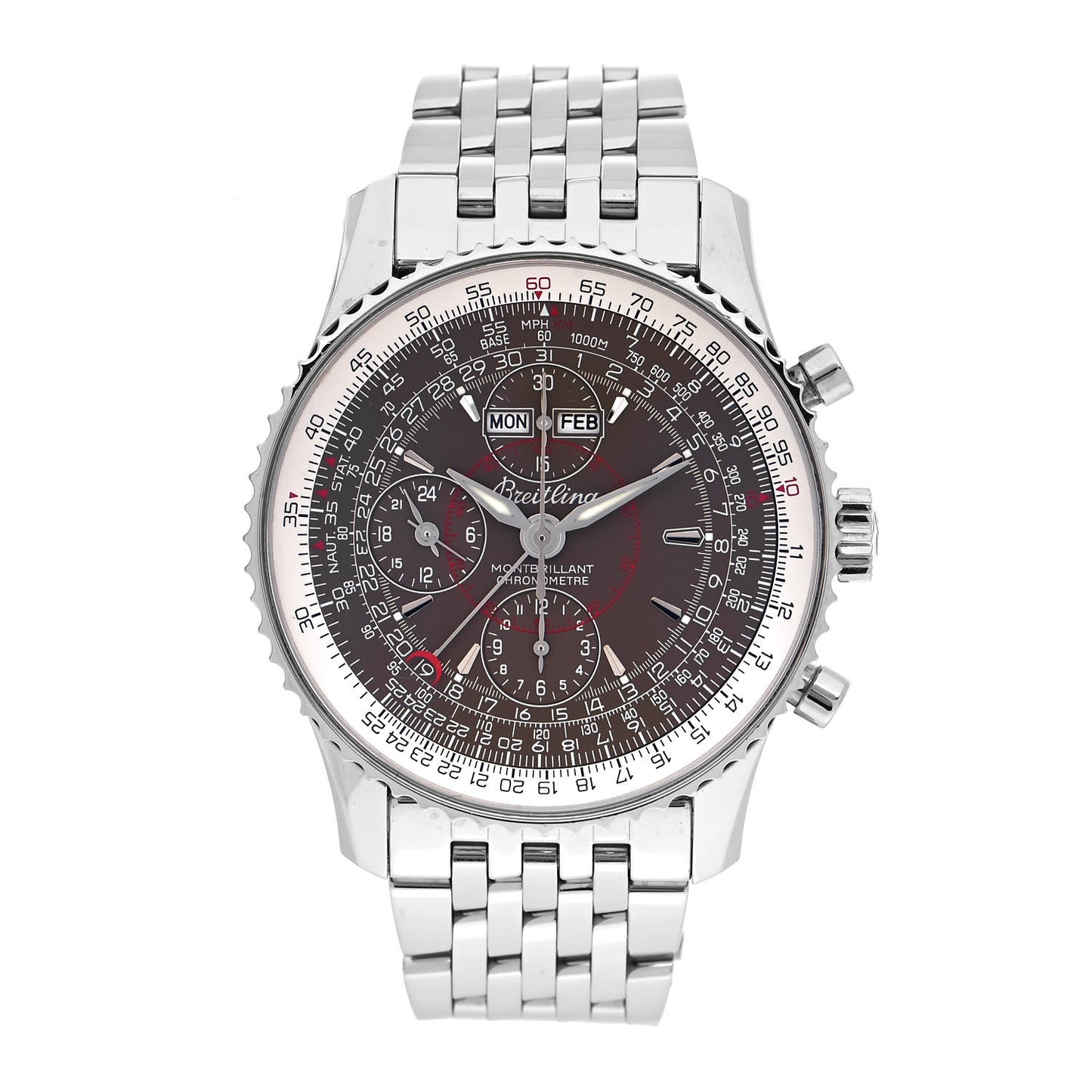 Stainless Steel 43mm Navitimer Montbrillant Chronograph Automatic Watch Brown A21330