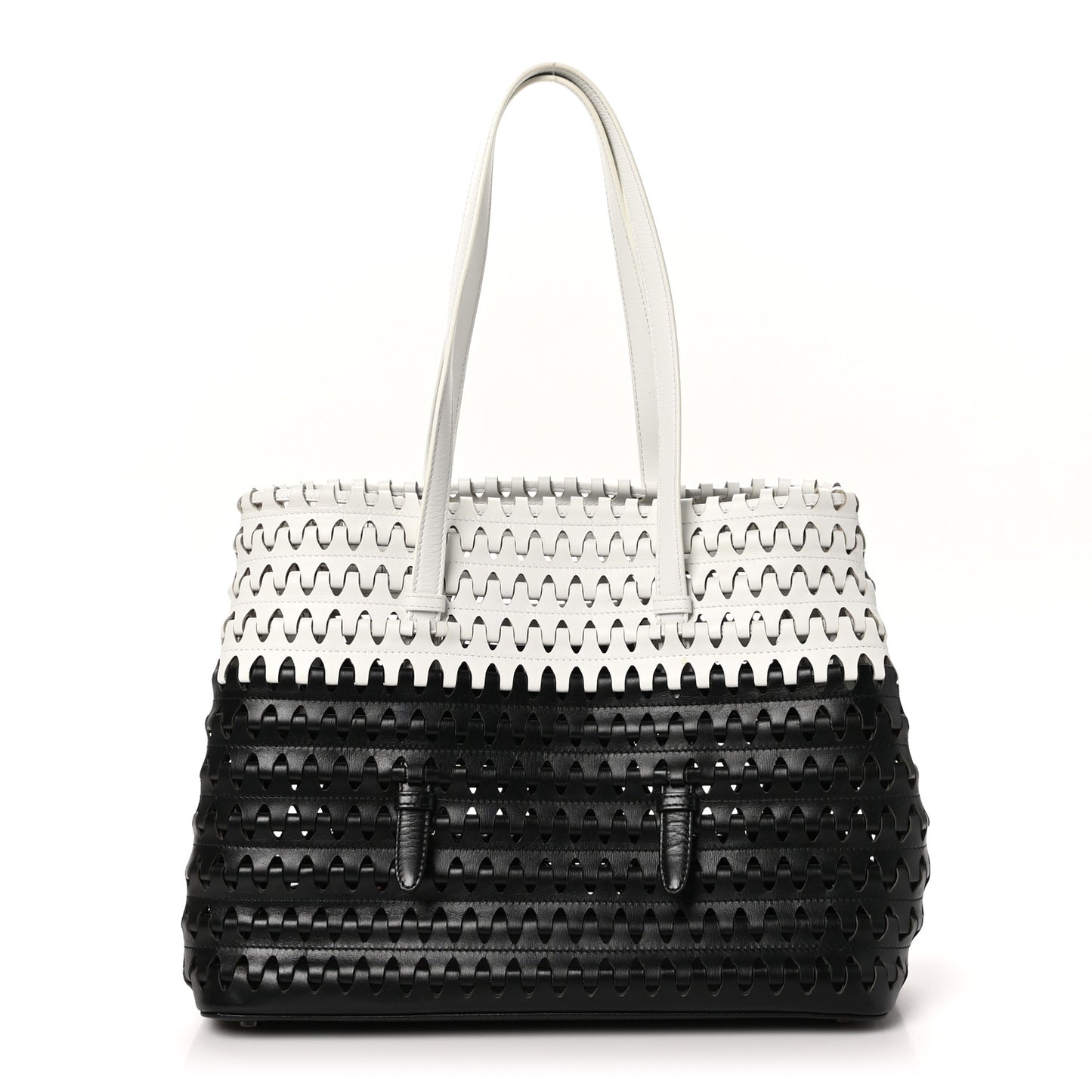 Woven Calfskin Mina Tote Black White
