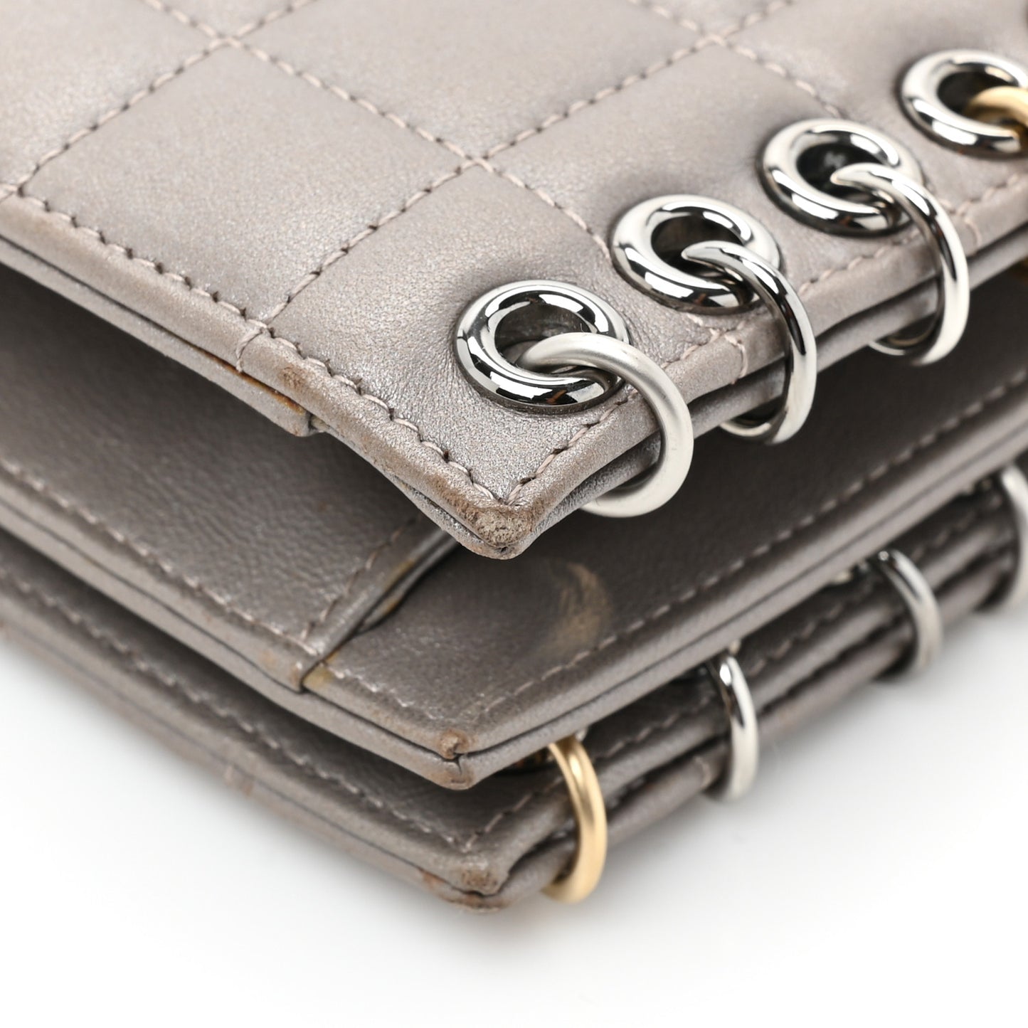 Lambskin Chocolate Bar Piercing CC Studded Small Chain Flap Bag Grey