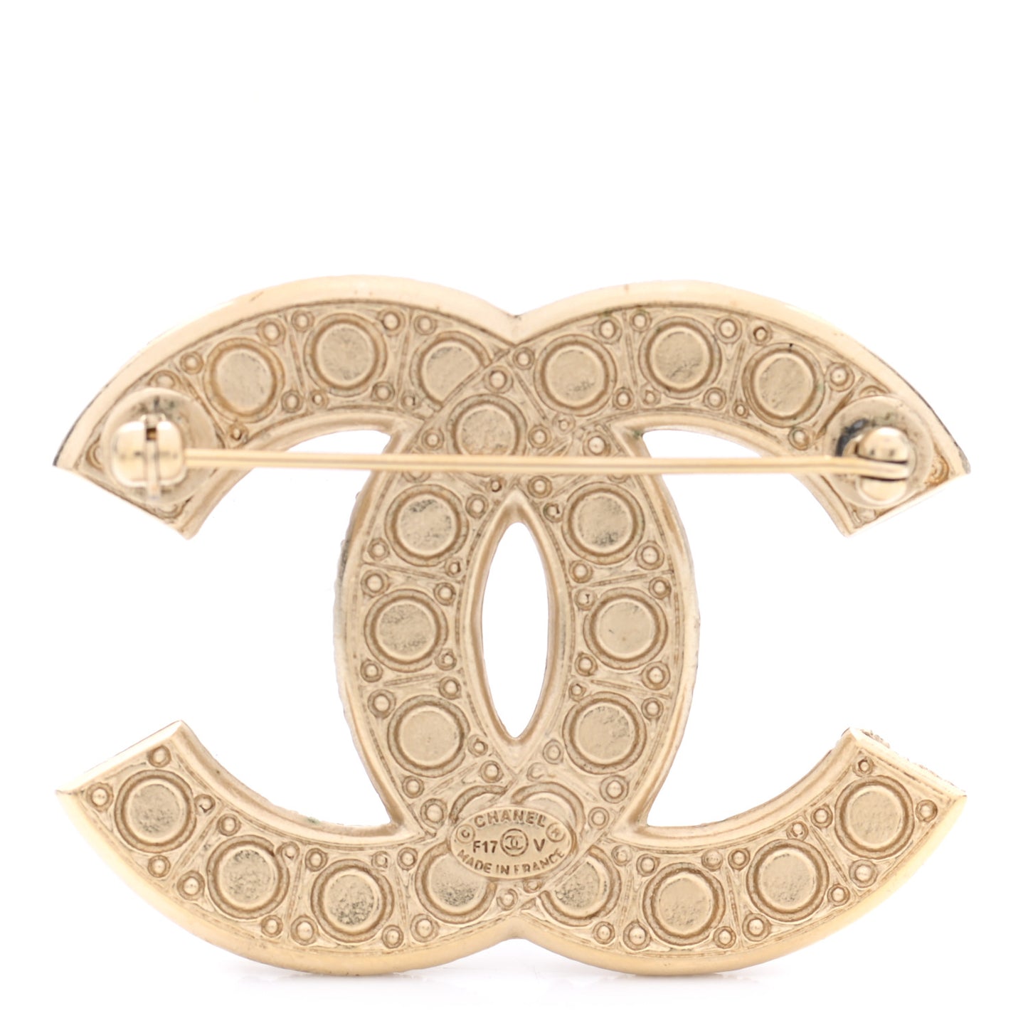 Metal Crystal Graduated Pearl CC Brooch Gold