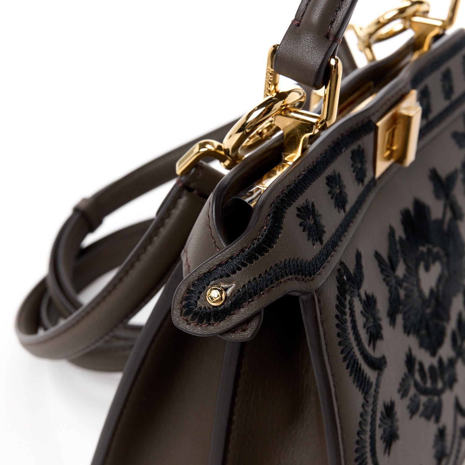 Fendi Vitello Seta Shiny Nappa Floral Embroidered Petite Peekaboo I SEE U Satchel Carbone Black 14 of 14