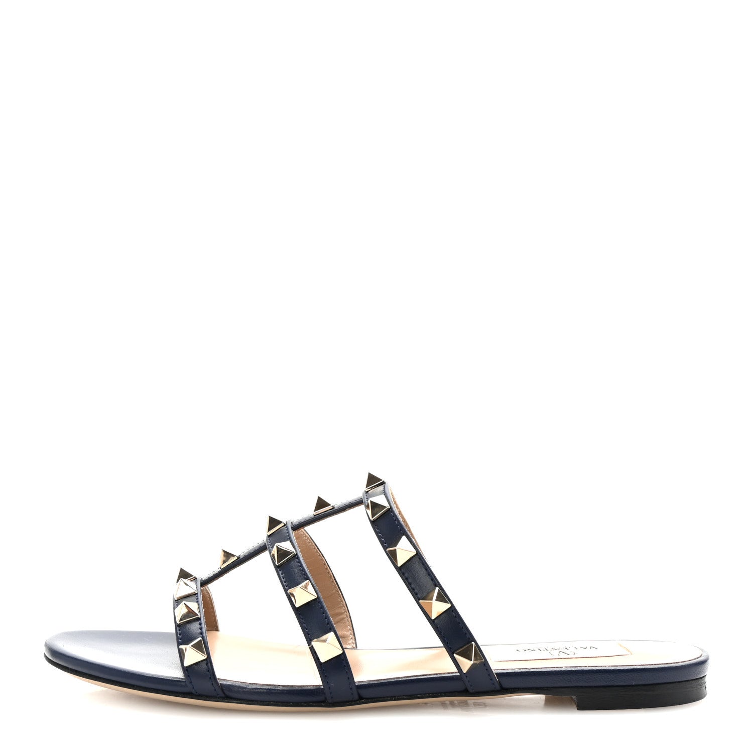 Valentino Garavani Nappa Rockstud Caged Flat Slide Sandals 35 Marine 1 of 10