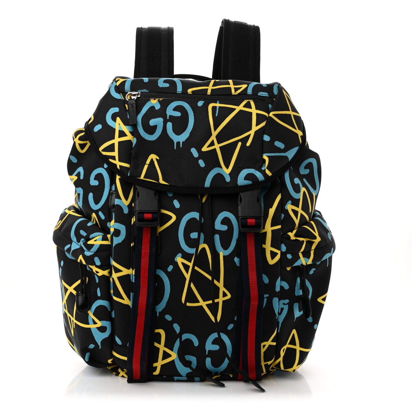 Techno Canvas GucciGhost Double Buckle Backpack Black New Acquamarine