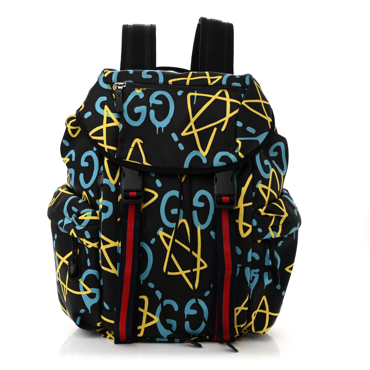 Gucci Techno Canvas GucciGhost Double Buckle Backpack Black New Acquamarine 1 of 12
