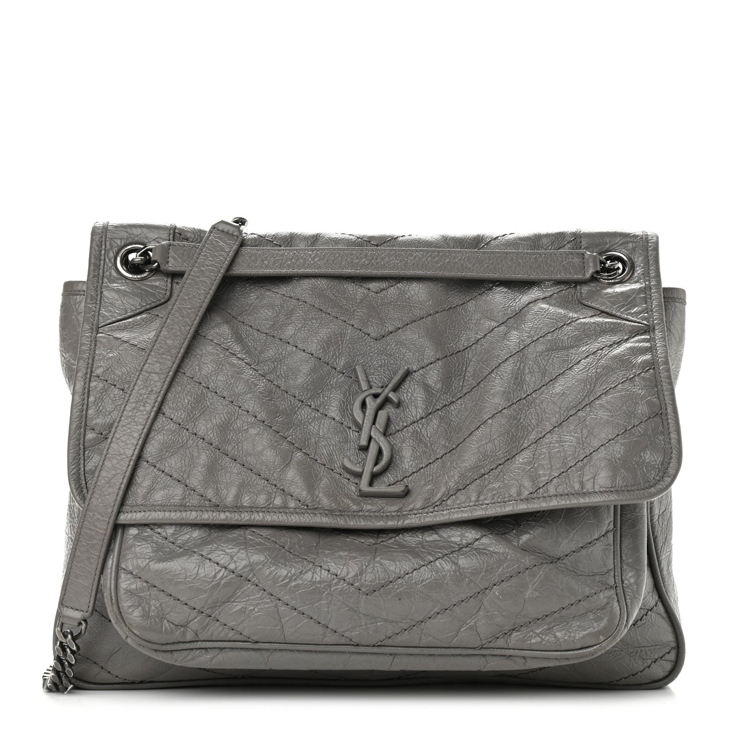 Crinkled Calfskin Matelasse Monogram Large Niki Chain Satchel Fog