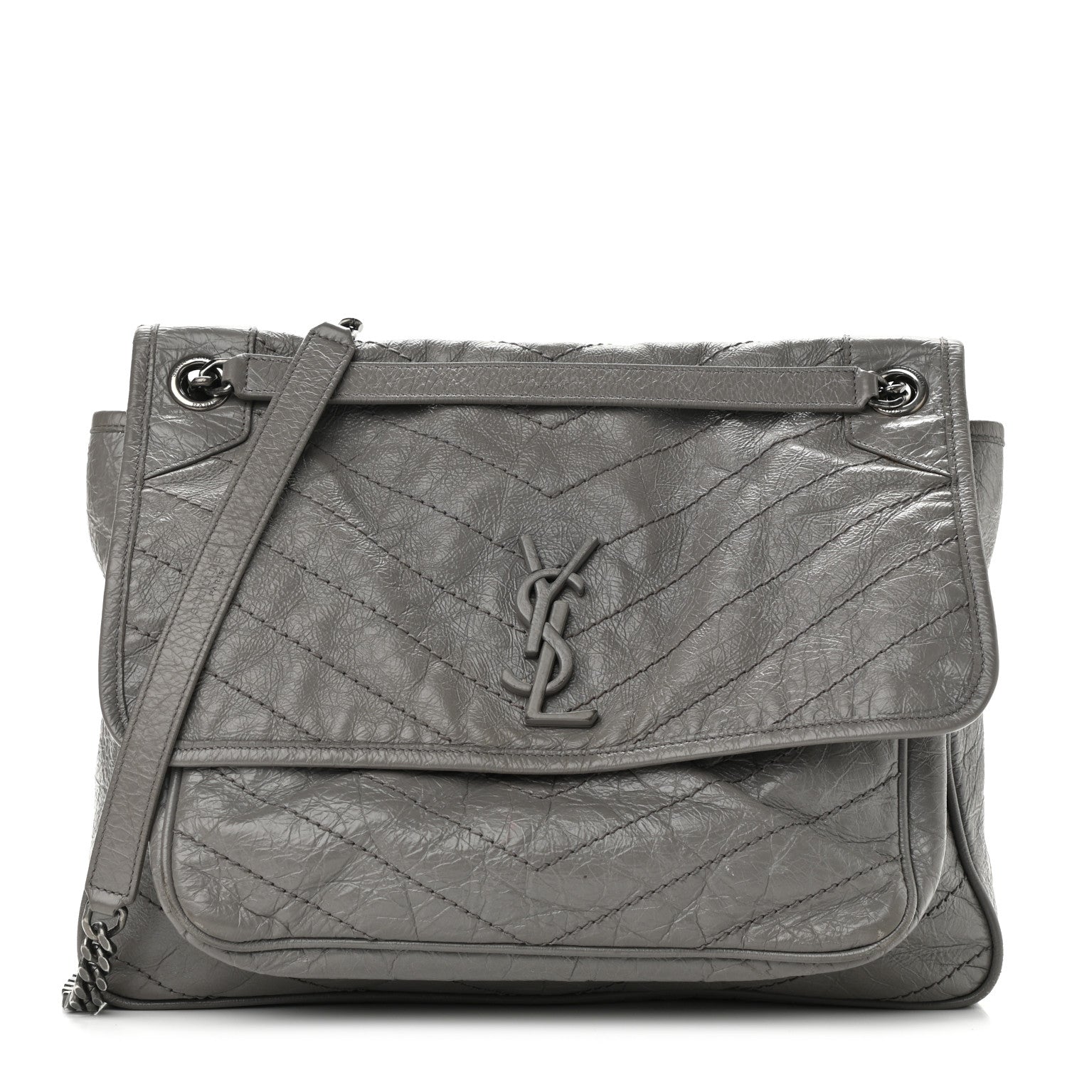 Saint Laurent Crinkled Calfskin Matelasse Monogram Large Niki Chain Satchel Fog 1 of 12